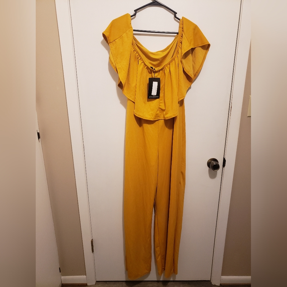Mustard, ruffled, cold shoulder jumpsuit
